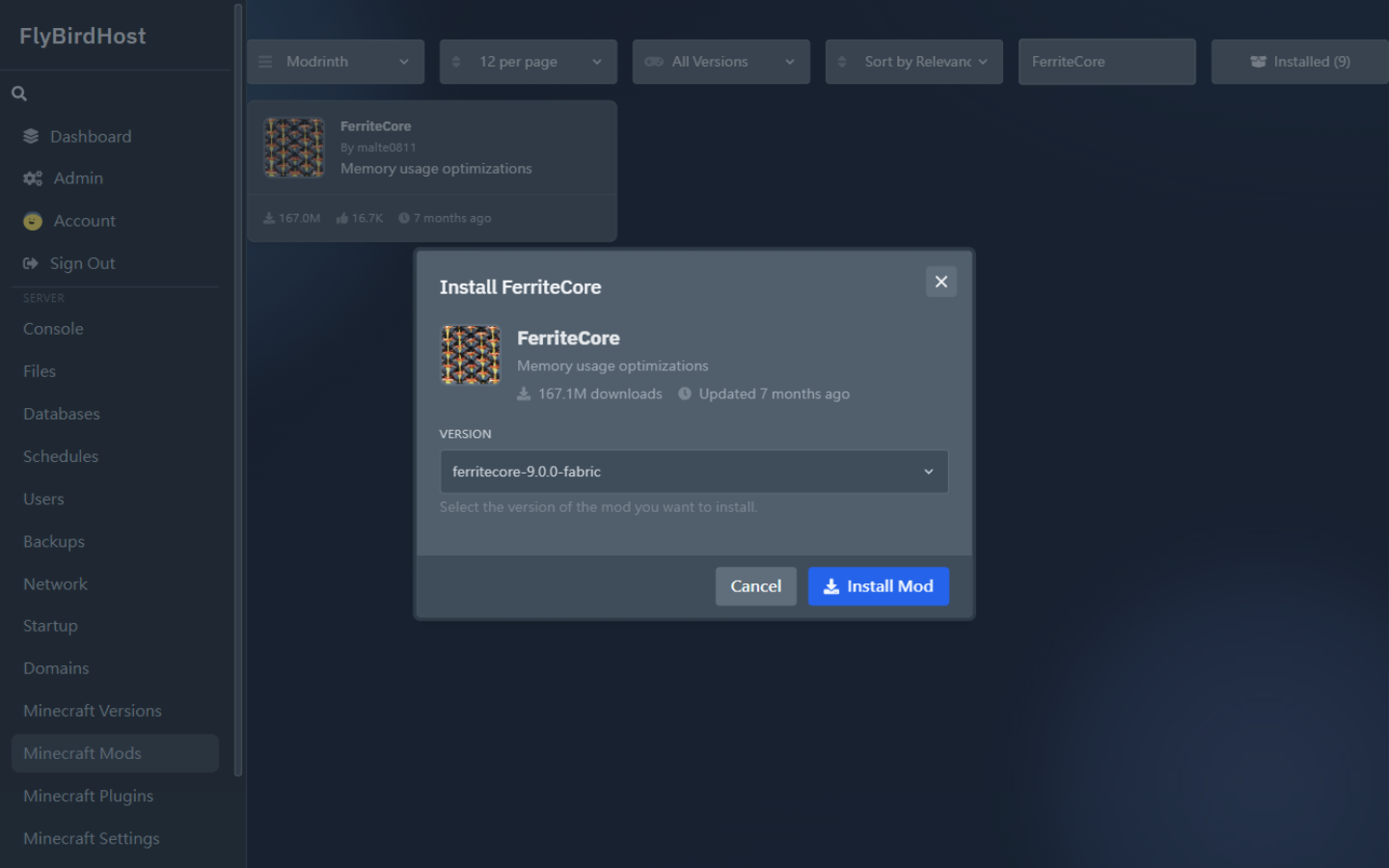 Install FerriteCore 詳情對話框：版本選擇與 Install Mod 按鈕