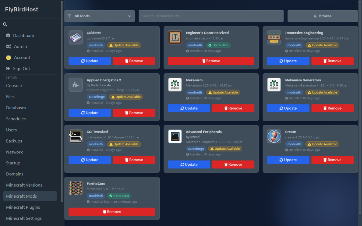 Installed 分頁：已安裝模組列表與 Remove 按鈕